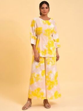 W for Woman Aurelia Pink Floral Printed Top & Flared Pants 100% Cotton - Size 12